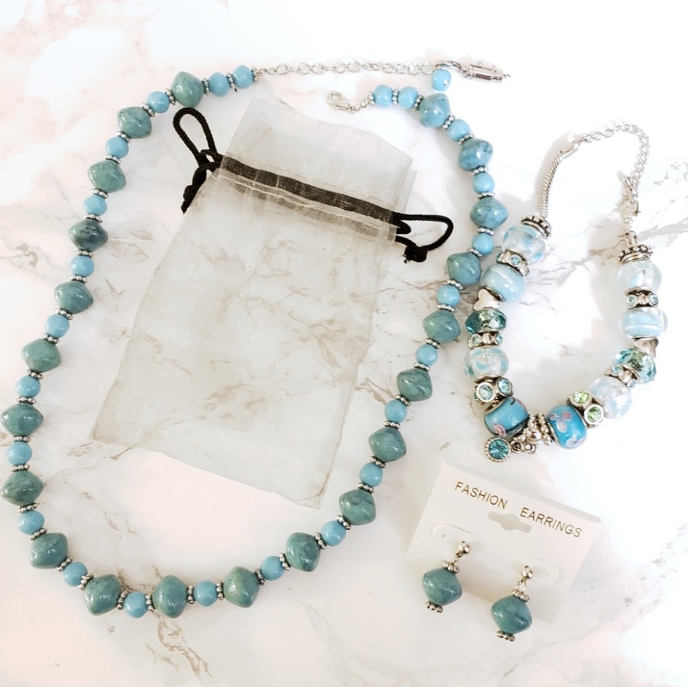 Necklace, Bracelet, Earrings - Silver & Blue